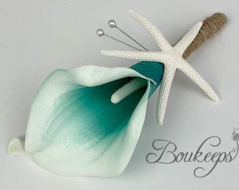 Choose Calla Lily & Ribbon Color - Starfish Boutonniere, Picasso Teal Calla Lily Boutonniere, Calla Lily Boutonniere, Beach Wedding, Teal