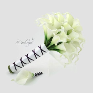 White Calla Lily Bouquet, Ivory Calla Lily Bouquet, Bridal Bouquet, Real Touch White Calla Lily Bouquet, Boutonniere, White and Purple