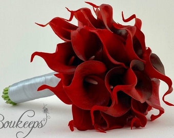 CHOOSE RIBBON COLOR - Red Calla Lily Bouquet, Real Touch Dark Red Calla Lily Bouquet, Dark Red Calla Lily Bouquet, Bridal Bouquet, Wedding