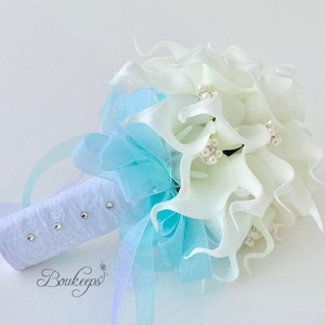 White Calla Lily Bouquet, Ivory Calla Lily Bouquet, Bridal Bouquet, Real Touch Bouquet, Wedding, Bridal, Bridesmaid, White and Aqua Blue