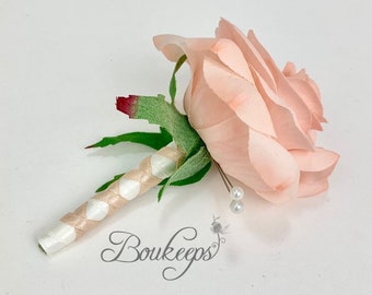CHOOSE RIBBON COLOR - Real Touch Peach Blush Rose Boutonniere, Peach Blush Boutonniere, Groom, Groomsmen, Wedding Boutonniere, Blush Wedding