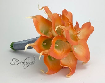 CHOOSE RIBBON COLOR - Orange Calla Lily Bouquet, Orange Bridal Bouquet, Real Touch Bouquet, Wedding, Bridal, Bridesmaid, Orange Wedding