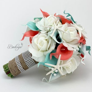 CHOOSE RIBBON COLOR - Coral, Teal, Robin’s Egg Blue, and White Calla Lily, Rose Bouquet, Bridal Bouquet, Babys Breath, Starfish