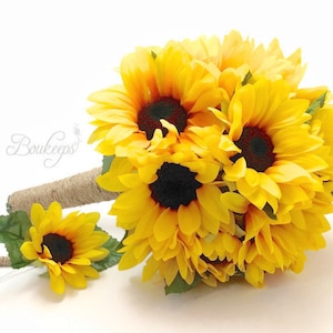 Ramo de girasol, Boutonniere de girasol, Ramo de novia de girasol, Ramo de dama de honor de girasol y Boutonniere con gemelo, boda de girasol