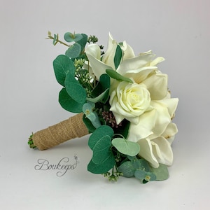 Choisissez la couleur du ruban - blanc Magnolia Ivoire, ivoire Real Touch Rose, Eucalyptus, verdure, Bouquet de la mariée, Bouquet de mariage