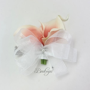 CHOOSE RIBBON COLOR - Picasso Coral Calla Lily Corsage, Coral Corsage, Pin Corsage, Wedding, Prom, Wristlet, Pearls, Real Touch Calla Lily