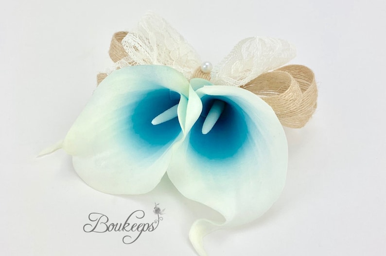 Pearl Real Touch Aqua Calla Lily Corsage Choose Calla Lily Color Picasso Light Blue Calla Lily Corsage with Burlap Wedding Lace