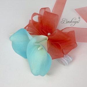 CHOOSE RIBBON COLOR - Light Blue Calla Lily Corsage, Aqua Blue Corsage, Wedding, Prom, Blue and Coral, Aqua and Coral, Light Blue Corsage