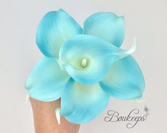 KIES HET LINTKLEUR - Aquablauw calla lelieboeket, real Touch Aqua calla lelieboeket, bruids, bruidsmeisje, bruidsboeket, lichtblauw