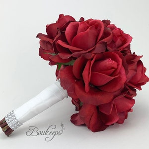 CHOOSE RIBBON COLOR - Real Touch Red Rose Bridal Bouquet, Bridal Bouquet, Bridesmaid, Red Roses, December Wedding, Red Bouquet, Red, Bling