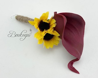 Choose Calla Lily & Ribbon Color - Burgundy Calla Lily Boutonniere, Calla Lily and Sunflower Boutonniere, Burgundy Wedding, Fall Wedding