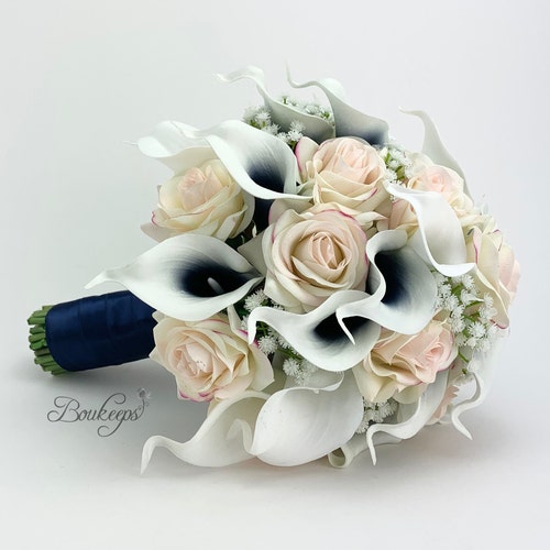 Navy Blue and White Calla Lily Bridal Bouquet Boutonniere - Etsy