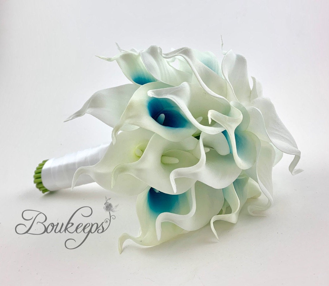 CHOOSE RIBBON COLOR Aqua Blue and White Calla Lily Bouquet | Etsy