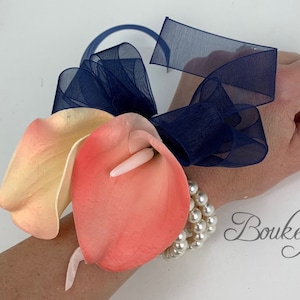 CHOOSE RIBBON COLOR - Pink Coral and Blush Calla Lily Corsage, Coral Corsage, Blush Corsage, Real Touch, Wedding, Prom, Pearl, Wristlet