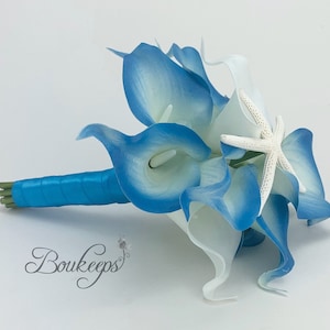CHOOSE RIBBON COLOR - Malibu Blue and White Calla Lily Bouquet with Starfish, Malibu Blue Real Touch Calla Lily Bouquet, Bridal Bouquet