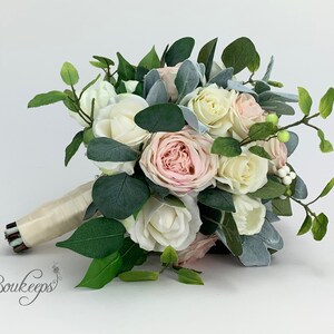 READY TO SHIP! Choose Ribbon Color - Blush & Ivory Bridal Bouquet, Blush Rose Bouquet, Ivory Rose Bouquet, Wedding Bouquet, Greenery
