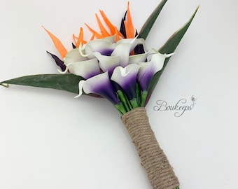 CHOOSE RIBBON COLOR - Birds of Paradise and Picasso Royal Purple Calla Lily Bridal Bouquet, Real Touch Wedding Bouquet, Beach Wedding