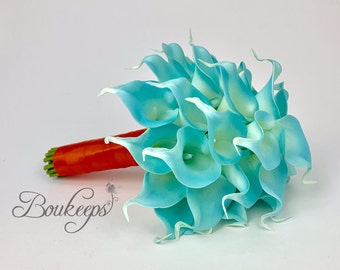 Kies kleur lint - Aqua blauwe Calla Lelie boeket met echte Touch Aqua Calla Lelie boeket, Bruidsmode, bruidsmeisje, Wedding Bouquet, lichtblauw