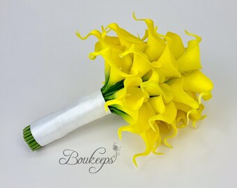 CHOOSE RIBBON COLOR - Yellow Calla Lily Bridal Bouquet, Yellow Bouquet, Yellow Real Touch Bouquet, Wedding Bouquet, Real Touch Calla Lily