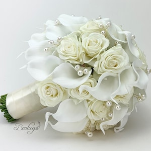 CHOOSE RIBBON COLOR - White Calla Lily and Ivory Rose Bouquet, Pearls, Calla Lily Bridal Bouquet, Real Touch Bouquet, Ivory Wedding Bouquet