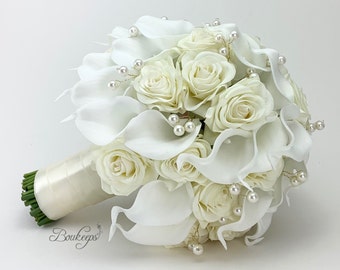 CHOOSE RIBBON COLOR - White Calla Lily and Ivory Rose Bouquet, Pearls, Calla Lily Bridal Bouquet, Real Touch Bouquet, Ivory Wedding Bouquet