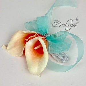 CHOOSE RIBBON COLOR - Picasso Coral Calla Lily Corsage, Coral Corsage, Pin Corsage, Wedding, Prom, Bling, Rhinestone, Real Touch Calla Lily