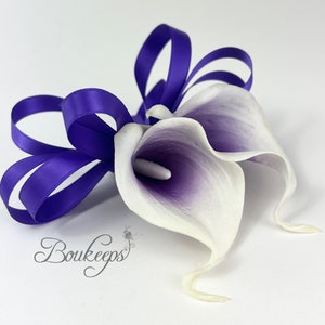 CHOOSE RIBBON COLOR - Purple Calla Lily Corsage, Real Touch Calla Lily, Real Touch Corsage, Calla Lily Wrist Corsage, Picasso Regal Purple