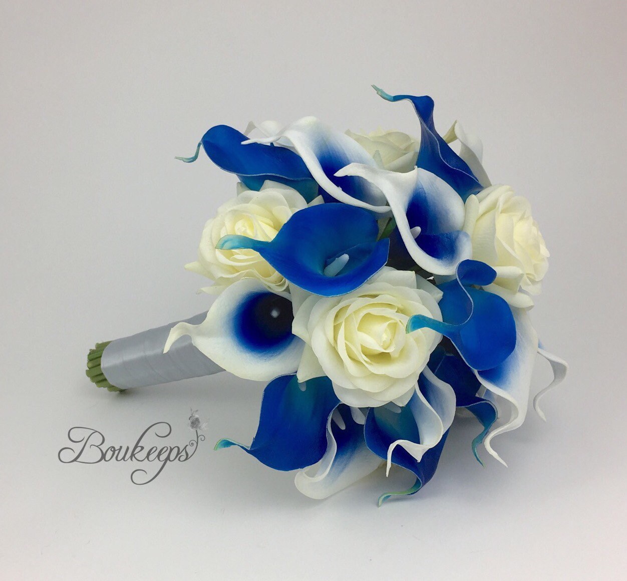 CHOOSE RIBBON COLOR - Royal Blue Calla Lily Bouquet, Royal Blue Bridal Bouquet, Calla Lily Bouquet, Real Touch Rose and Calla Lily Bouquet