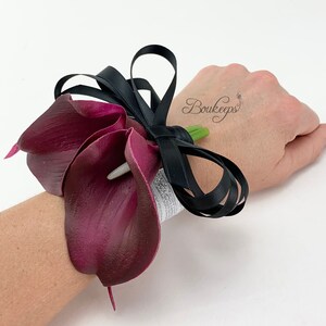 CHOOSE RIBBON COLOR - Sangria Calla Lily Corsage, Purple Calla Lily Corsage, Real Touch Calla Lily, Corsage, Lily Wrist Corsage, Wedding