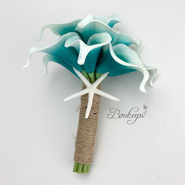 CHOOSE RIBBON COLOR - Picasso Teal Calla Lily Bouquet with Starfish, Teal and White Real Touch Calla Lily Bouquet, Teal Bridal Bouquet