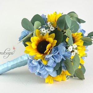 CHOOSE RIBBON COLOR - Sunflower Bouquet, Sunflower, Baby’s Breath, Blue Hydrangea Bouquet, Sunflower Bridal Bouquet, Eucalyptus, Wedding