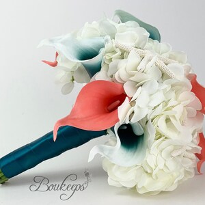 CHOOSE RIBBON COLOR - Hydrangea, Calla Lily and Starfish Bridal Bouquet, Teal, White, Coral Bouquet, Real Touch, Wedding Bouquet