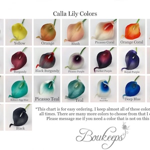 Calla Lily Sample, Real Touch Calla Lily Sample, Bouquet, Boutonniere, Corsage, White, Ivory, Coral, Pink, Red, Purple, Royal Blue, Teal
