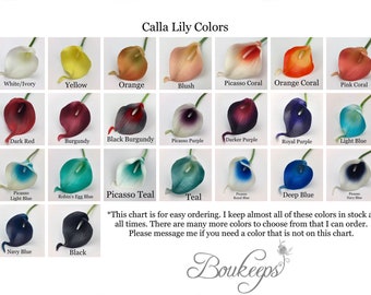 Calla Lily Sample, Real Touch Calla Lily Sample, Bouquet, Boutonniere, Corsage, White, Ivory, Coral, Pink, Red, Purple, Royal Blue, Teal