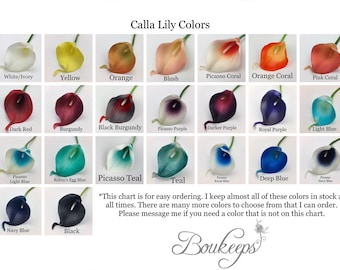 Calla Lily Sample, Real Touch Calla Lily Sample, Bouquet, Boutonniere, Corsage, White, Ivory, Coral, Pink, Red, Purple, Royal Blue, Teal