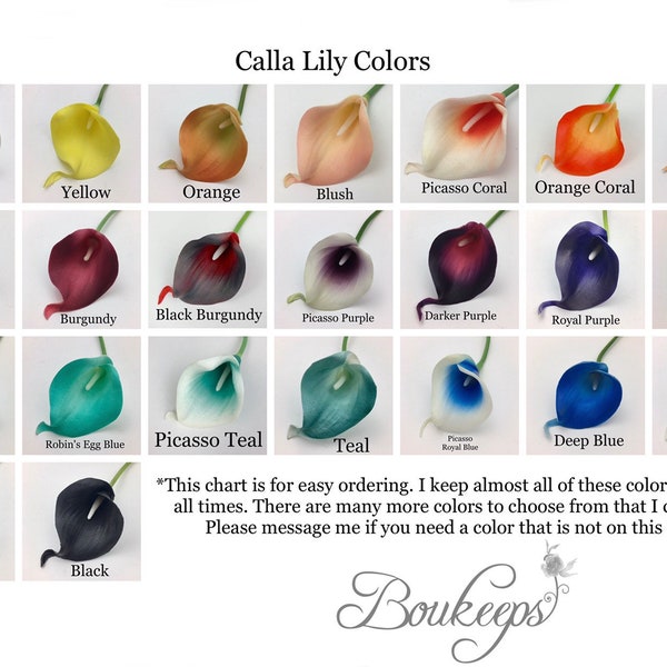 Calla Lily Sample, Real Touch Calla Lily Sample, Bouquet, Boutonniere, Corsage, White, Ivory, Coral, Pink, Red, Purple, Royal Blue, Teal