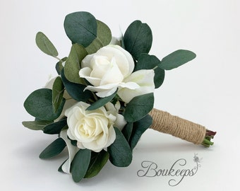 CHOOSE RIBBON COLOR - White Rose, Ivory Real Touch Rose, Eucalyptus, Greenery, Bridal Bouquet, Wedding Bouquet