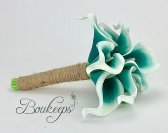 CHOOSE RIBBON COLOR - Picasso Teal Calla Lily Bouquet, Teal and White Real Touch Calla Lily Bouquet, Teal Bridal Bouquet, Teal Wedding