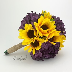 CHOOSE RIBBON COLOR - Sunflower and Purple Hydrangea Bouquet, Sunflower Bridesmaid / Bridal Bouquet, Sunflower Bridal Bouquet, Wedding