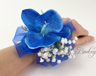 CHOOSE RIBBON COLOR - Royal Blue Orchid and Baby’s Breath Corsage, Royal Blue Corsage, Orchid Corsage, Real Touch, Wedding, Prom, Pearl