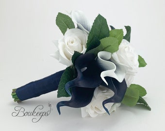 CHOOSE RIBBON COLOR - Navy Blue and White Bouquet, Picasso Navy, Navy Calla Lily, White Rose, Navy Blue, Greenery, Wedding, Bridesmaid Bride