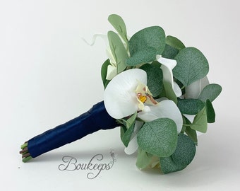 CHOOSE RIBBON COLOR - White Orchid, Rose, Calla Lily, Eucalytus Bridesmaid Bouquet, Wedding Bouquet, Bridal Bouquet, Greenery