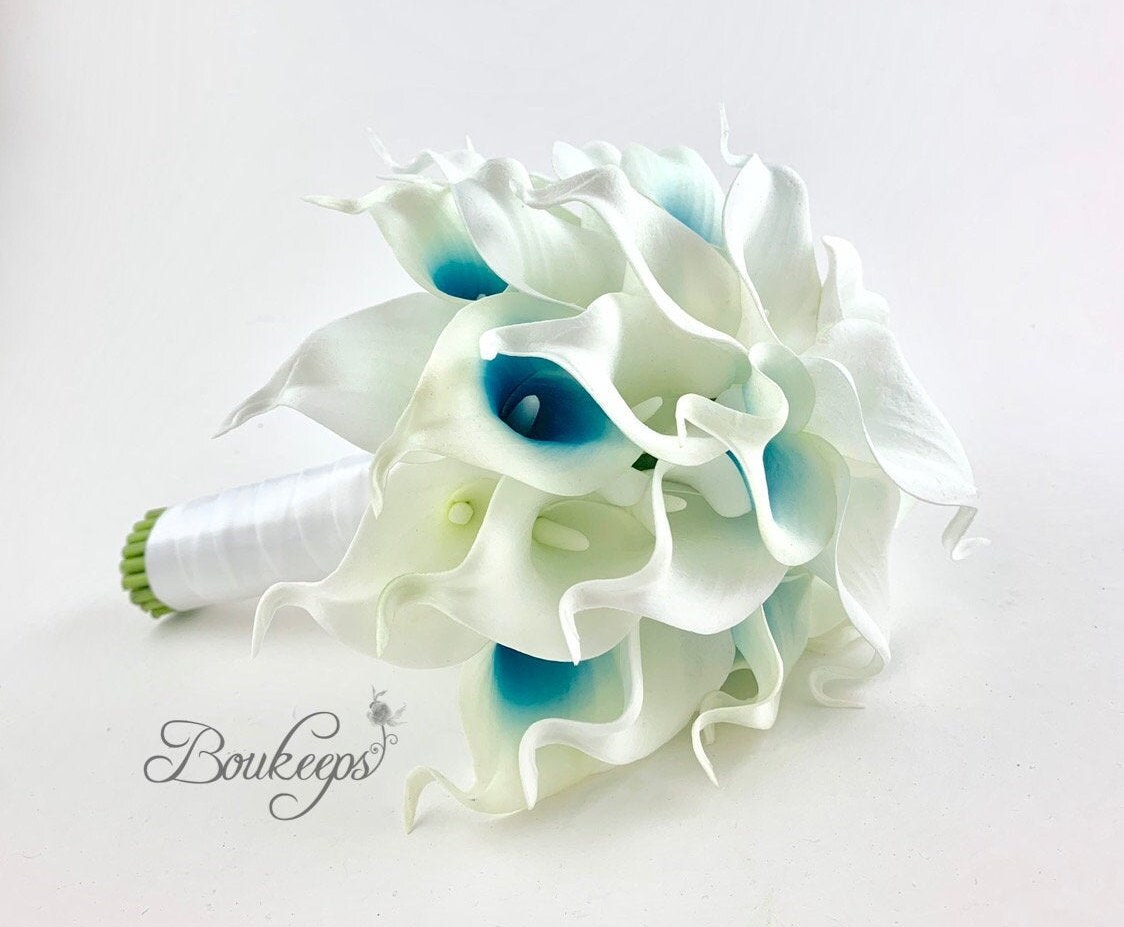 CHOOSE RIBBON COLOR Aqua Blue and White Calla Lily Bouquet | Etsy