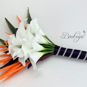 CHOOSE RIBBON COLOR - Paradiesvögel und weiße Calla Lily Brautstrauß, echte Touch Hochzeit Bouquet, Strand Hochzeit, tropische Hochzeit