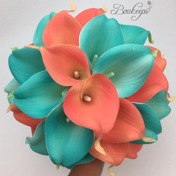 CHOOSE RIBBON COLOR - Pink Coral and Robin's Egg Blue Calla Lily Bouquet, Real Touch Coral Calla Lily Bouquet, Mint, Aqua, Turquoise, Beach