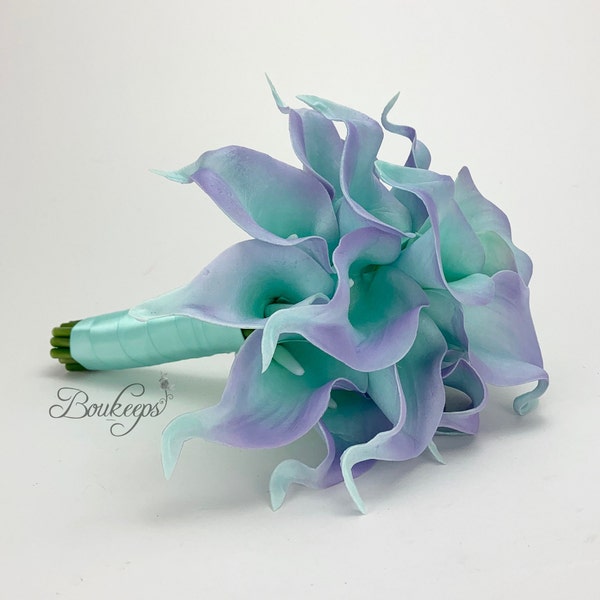 WÄHLEN RIBBON Farbe - Eis Aqua blau Lavendel lila Calla Lily Bouquet, echte Touch Calla Lily Bouquet, Brautstrauß, Hochzeit, Aqua lila