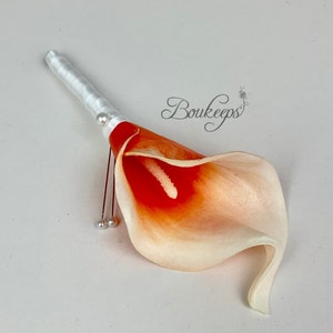 CHOOSE RIBBON COLOR - Picasso Coral Calla Lily Boutonniere with Pearl, Real Touch Coral Calla Lily Boutonniere, Wedding, Orange Coral