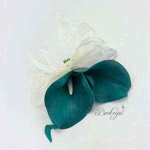 CHOOSE RIBBON COLOR - Teal and Ivory Calla Lily Corsage, Teal Corsage, Teal Wristlet Corsage, Wedding, Prom, Teal Wedding, Pearls, Wristlet