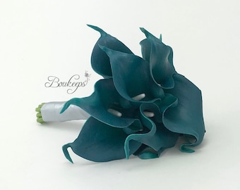 KIES HET LINTKLEUR - Teal calla lelieboeket, real Touch calla lelieboeket, groenblauw bruidsboeket, groenblauw bruidsmeisje, bloemenmeisje, bruiloft