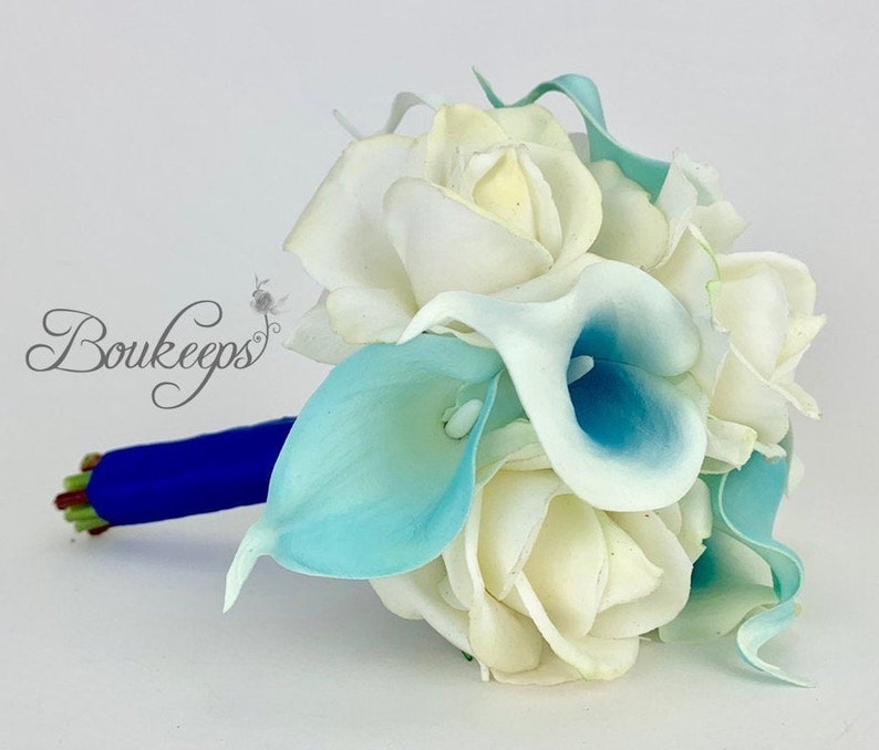 CHOOSE RIBBON COLOR Aqua Calla Lily Bouquet Aqua and White - Etsy